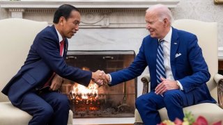 US President Joe Biden shakes hands with Indonesian President Joko Widodo