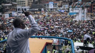 Congolese doctor and presidential candidate Denis Mukwege delivers a speech
