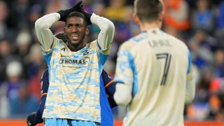 Damion Lowe #17 of Philadelphia Union reacts after a missed shot during the first half of a MLS playoff semi-final