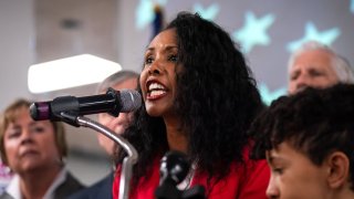 Nassau County legislator Mazi Melesa Pilip speaks during a press conference at American Legion Post 1066 on December 15, 2023 in Massapequa, New York. 