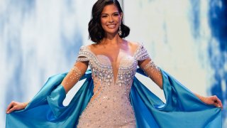 Miss Nicaragua Sheynnis Palacios participates in the evening gown category during the 72nd Miss Universe Beauty Pageant.