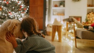 Photo of young girl and her dog cuddling Christmas Eve.