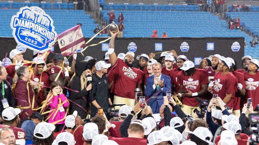 CHARLOTTE, NORTH CAROLINA – DECEMBER 2: The Florida State Seminoles celebrate during the trophy presentation after defeating the Louisville Cardinals during the ACC Championship at Bank of America Stadium on December 2, 2023 in Charlotte, North Carolina. (Photo by Isaiah Vazquez/Getty Images)