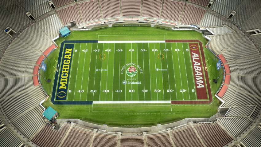 An aerial view of preparations for the Rose Bowl Game at the Rose Bowl Stadium on Dec. 28, 2023, in Pasadena, California.