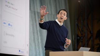 Yusuf Mehdi, Microsoft’s consumer chief marketing officer, speaks during an event at the company’s headquarters in Redmond, Washington, on Feb. 7, 2023.