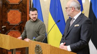 Ukraine’s President Volodymyr Zelensky (L) and Estonia’s President Alar Karis address a press conference as they meet in Tallinn, Estonia on January 11, 2024. Ukraine’s President Volodymyr Zelensky was in Estonia on January 11, 2024 on the second leg of a Baltic tour aimed at boosting flagging support in his country’s fight against Russia. (Photo by RAIGO PAJULA / AFP) (Photo by RAIGO PAJULA/AFP via Getty Images)