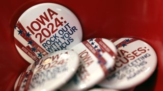 Caucus-themed merchandise is seen on display at Raygun on January 11, 2024 in Des Moines, Iowa.