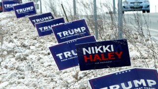 Campaign signs alongside the highway in Concord, New Hampshire on January 18, 2024. The state’s primary is scheduled for January 23, 2024.