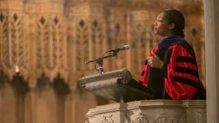 Duke Divinity School celebrate its 90th Baccalaureate service, May 14, 2016, in Duke Chapel with Eboni Marshall Turman, then a professor at Duke and now a professor at Yale Divinity School, preaching. Marshall Turman filed a lawsuit in December 2023 accusing Abyssinian Baptist Church in New York of sex discrimination for rejecting her application to become Abyssinian's senior pastor. (Duke Divinity School via AP)