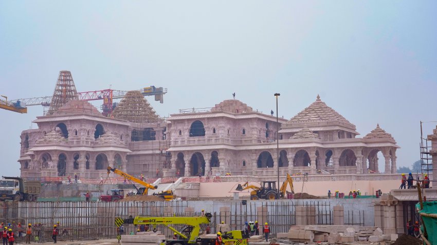 FILE - A construction crew works on Ram Mandir, a Hindu temple dedicated to Lord Ram