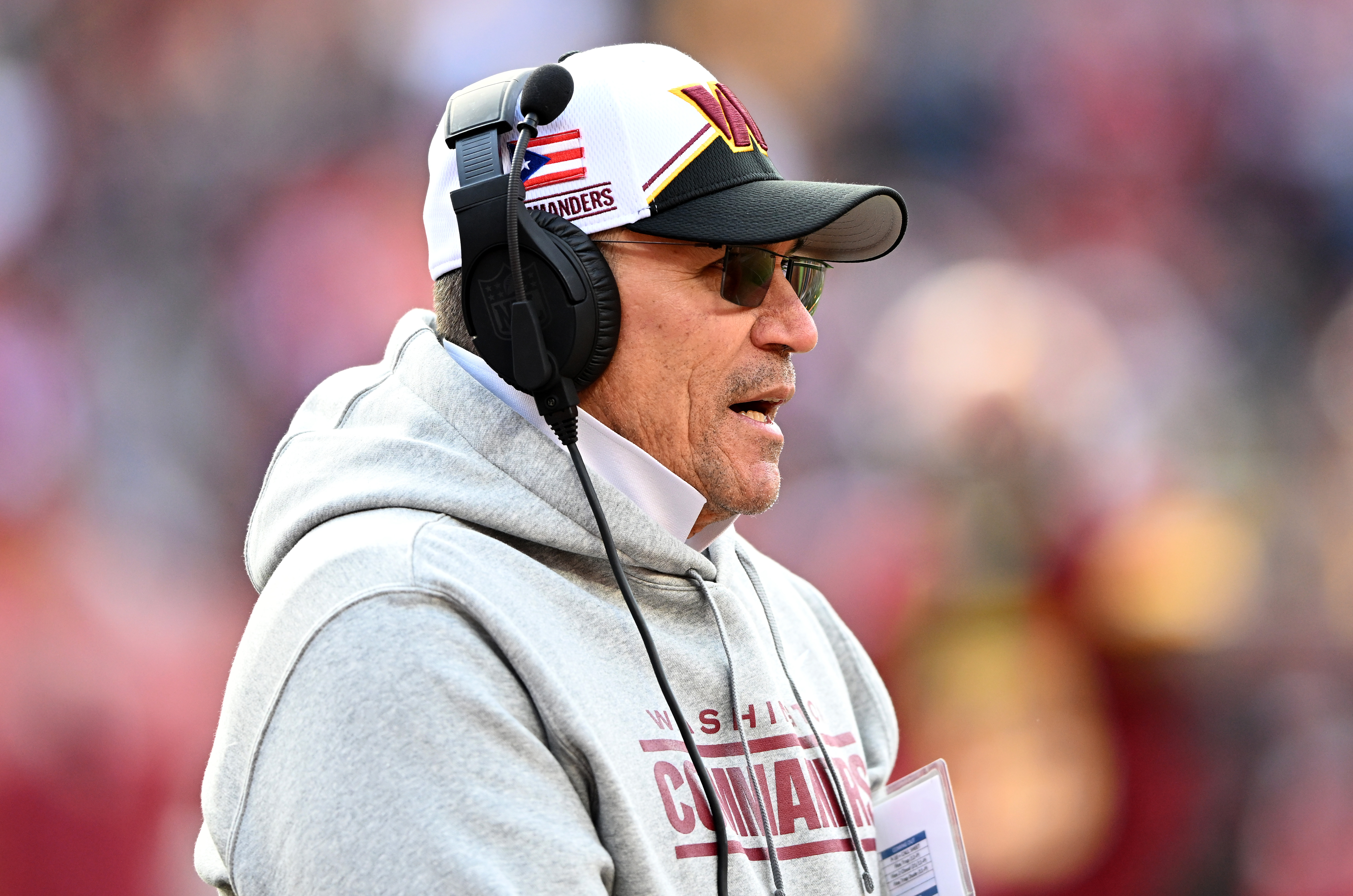 LANDOVER, MARYLAND – DECEMBER 31: Head coach Ron Rivera of the Washington Commanders looks on during the second half of a game against the San Francisco 49ers at FedExField on December 31, 2023 in Landover, Maryland. (Photo by G Fiume/Getty Images)