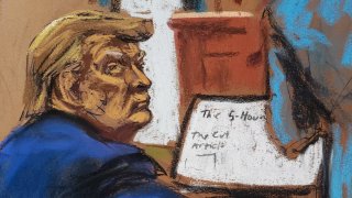 In this courtroom sketch, former U.S. President Donald Trump looks on as his attorney Alina Habba delivers closing arguments during E. Jean Carroll’s second civil trial in which Carroll accused Trump of raping her decades ago, at Manhattan Federal Court in New York City on Jan. 26, 2024.