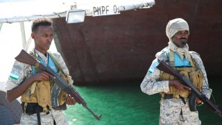 PUNTLAND, SOMALIA – JANUARY 29: Puntland Maritime Police Forces (PMPF) are patrolling against the recently increasing pirate attacks off the coast in Puntland, Somalia on January 29, 2024. (Photo by Abuukar Mohamed Muhidin/Anadolu via Getty Images)