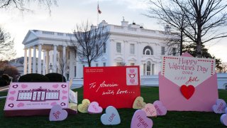 Decorations for Valentine's Day adorn the White House lawn