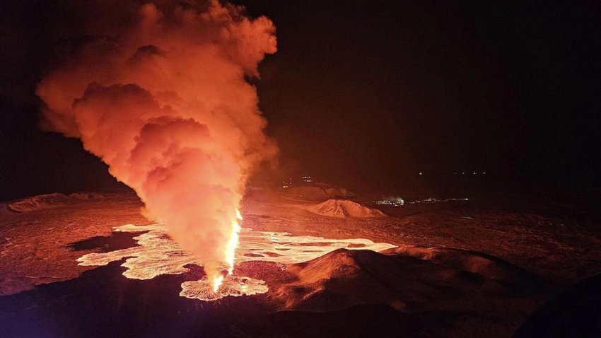 An aerial view shows lava after volcano eruption northeast of Sylingarfell, near Grindavik, Reykjanes Peninsula, Iceland early Thursday, Feb. 8, 2024.