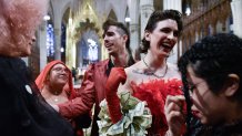 People attend the funeral of transgender community activist Cecilia Gentil. Later the Roman Catholic Archdiocese of New York denounced the hosting of the funeral, saying it was unaware of the identity of the deceased when it agreed to host the service.(Photo by Stephanie Keith/Getty Images)