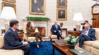 House Speaker Mike Johnson, Vice President Kamala Harris, President Joe Biden and Senate Majority Leader Chuck Schumer during a meeting in the Oval Office of the White House in Washington, D.C., on Feb. 27, 2024.