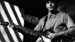 Paul McCartney plays his Hofner 500/1 bass guitar