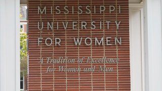 FILE - A wall displays lettering for the student body of Mississippi University for Women at the Columbus, Miss., campus, Oct. 23, 2023.
