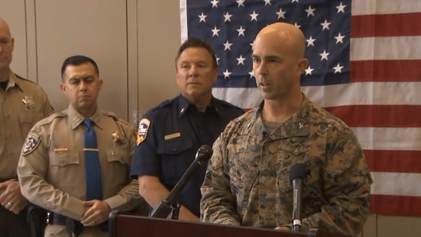 Col. James Ford of the 3rd Marine Aircraft Wing speaking during a news conference on Feb. 8, 2024.