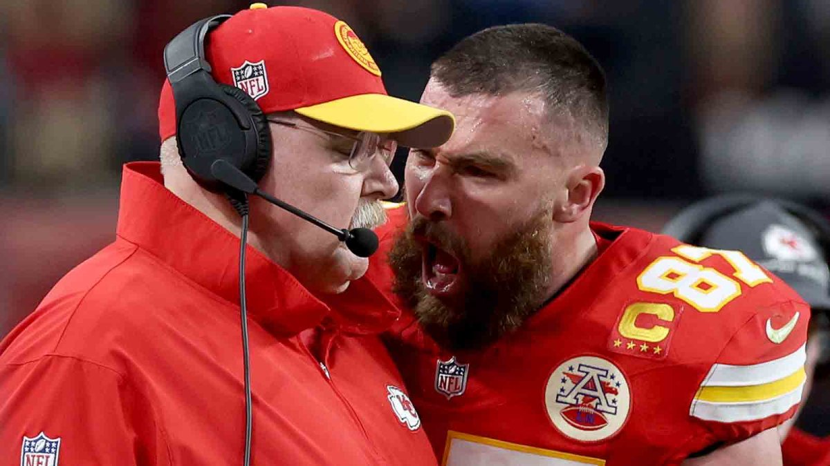 Travis Kelce bumps coach Andy Reid during Super Bowl tirade – NBC New York