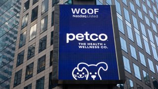 Petco Health and Wellness Co. signage outside the Nasdaq MarketSite during the company’s initial public offering (IPO) in New York, U.S., on Thursday, Jan. 14, 2021.