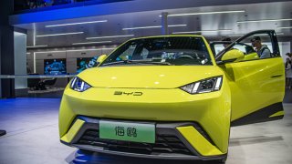 A BYD Seagull small electric car is on display during the 20th Shanghai International Automobile Industry Exhibition at the National Exhibition and Convention Center (Shanghai)