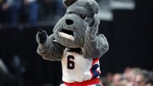 LAS VEGAS, NEVADA - MARCH 25: Gonzaga Bulldogs mascot Spike the Bulldog performs during the game against the Connecticut Huskies in the Elite Eight round of the NCAA Men's Basketball Tournament at T-Mobile Arena on March 25, 2023 in Las Vegas, Nevada. (Photo by Sean M. Haffey/Getty Images)