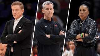 Split image of Rick Pitino, Billy Donovan and Dawn Staley