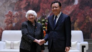 U.S. Treasury Secretary Janet Yellen, left, shakes hands with Wang Weizhong, deputy party secretary and governor of Guangdong prior to a meeting at the Baiyun International Conference Center (BICC)