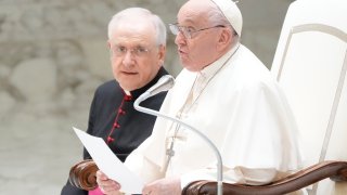 Pope Francis meets with volunteers of the Italian Red Cross in the Paul VI hall at the Vatican, Saturday, April 6, 2024.