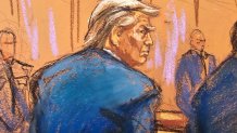 In this courtroom sketch former President Donald Trump enters the courtroom with his attorney Todd Blanche at the beginning of his trial over charges that he falsified business records to conceal money paid to silence porn star Stormy Daniels in 2016, in Manhattan state court in New York, Monday, April 15, 2024.