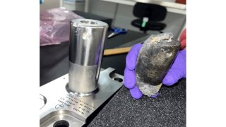 This undated photo provided by NASA shows a recovered chunk of space junk from equipment discarded at the International Space Station. The cylindrical object that tore through a home in Naples, Fla., March 8, 2024