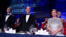 Host Colin Jost, from left, President Joe Biden and Kelly O'Donnell, WHCA president and Senior White House correspondent for NBC News
