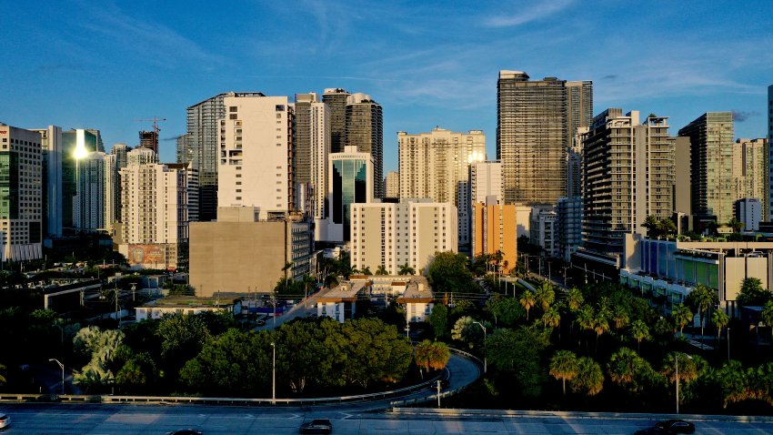 MIAMI, FLORIDA – SEPTEMBER 29:  In an aerial view, the City of Miami skyline, where many renters reside in the apartment buildings on September 29, 2021 in Miami, Florida. According to an analysis from Realtor.com, rents nationwide are rising, with the median rent for all sizes of rentals was $1,607 as of August, an increase of 11.5% from a year ago. The analysis also showed that rental prices had seen double-digit percentage growth in 28 of the 50 largest metropolitan areas. (Photo by Joe Raedle/Getty Images)