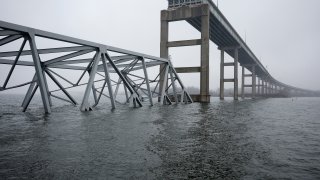 April 2: The wreckage of the Francis Scott Key Bridge sits partially submerged in the Patapsco River in Baltimore, Maryland. The bridge collapsed after being struck by the 984-foot cargo ship Dali at 1:30 a.m. on March 26.