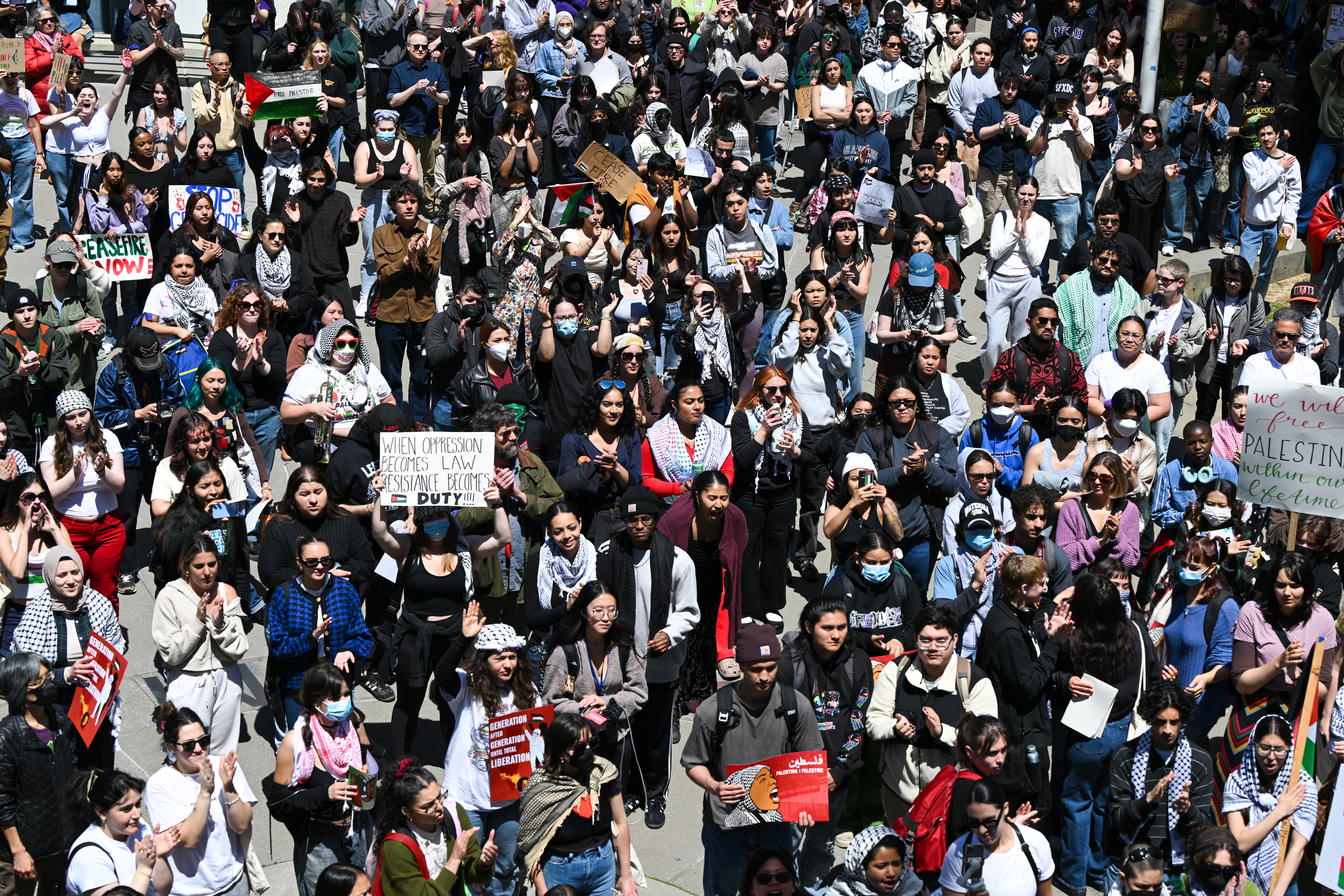 Hundreds of students gather at San Francisco State University to protest Israeli attacks on Gaza, on April 29, 2024 in Stanford, Calif.