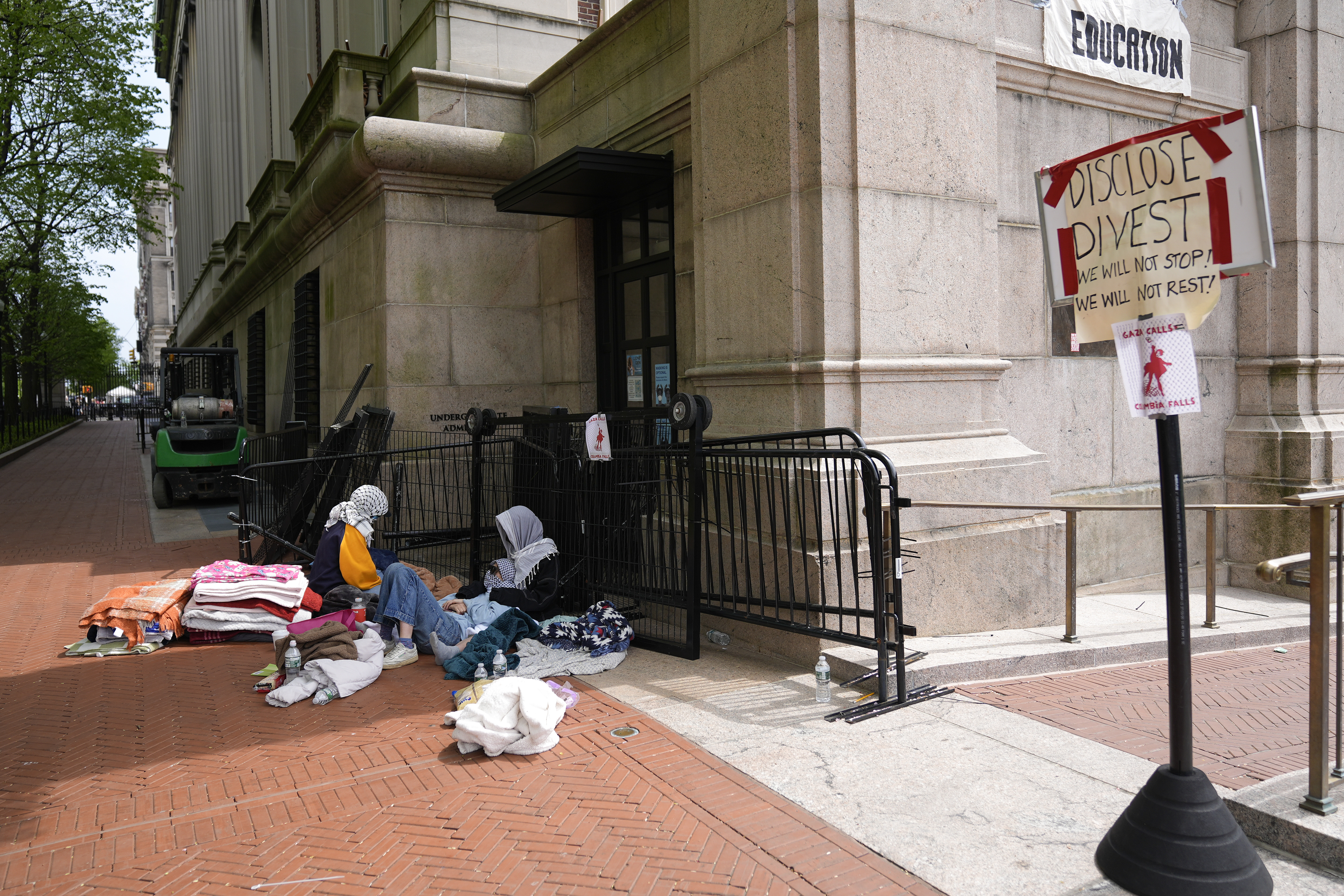 NEW YORK, NEW YORK – APRIL 30: Student protesters camp near the entrance to Hamilton Hall on the campus of Columbia University on April 30, 2024 in New York City. All classes at Columbia University have been held virtually today after school President Minouche Shafik announced a shift to online learning in response to recent campus unrest. (Photo by Mary Altaffer-Pool/Getty Images)