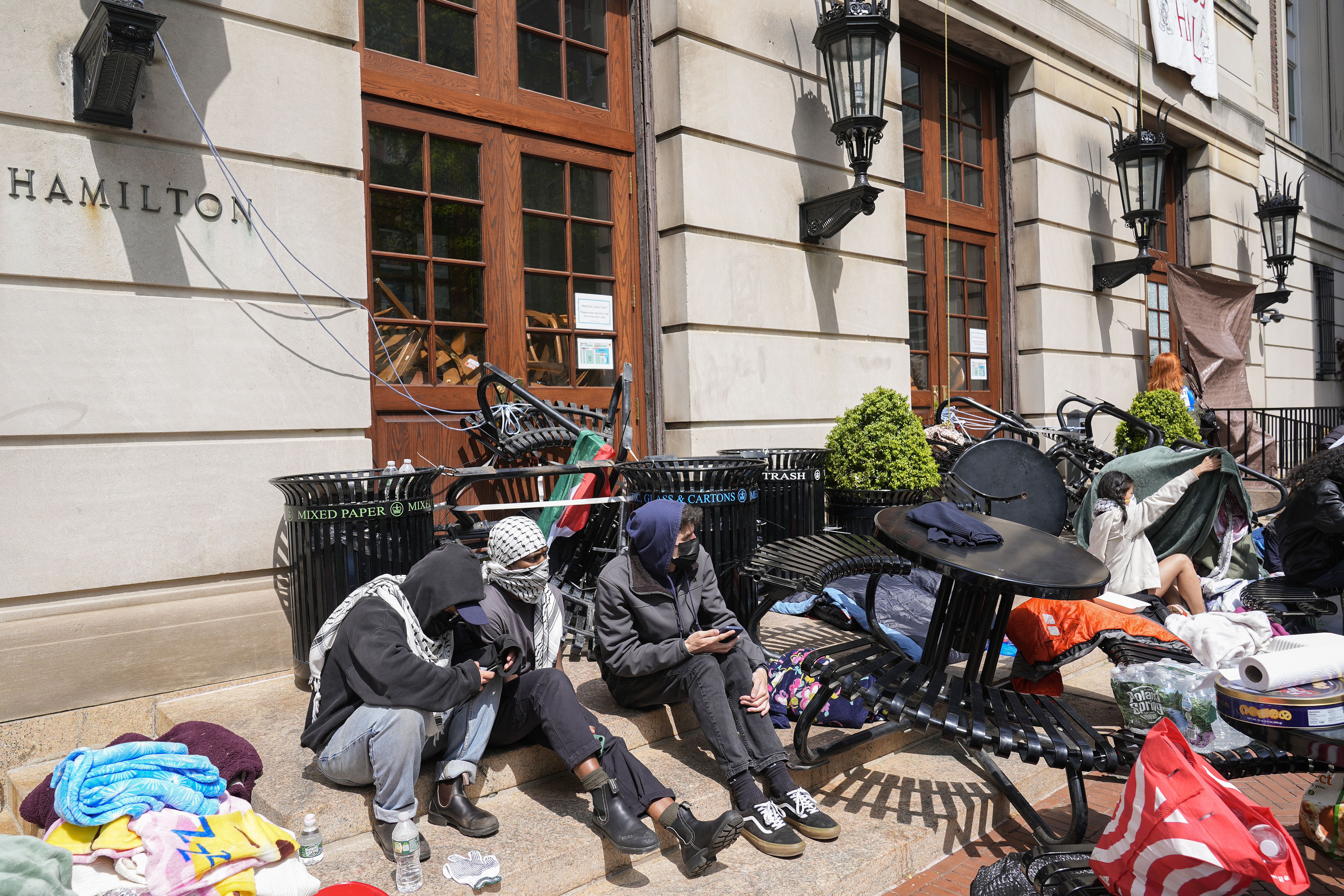 NEW YORK, NEW YORK – APRIL 30: Student protesters camp near the entrance to Hamilton Hall on the campus of Columbia University on April 30, 2024 in New York City. All classes at Columbia University have been held virtually today after school President Minouche Shafik announced a shift to online learning in response to recent campus unrest. (Photo by Mary Altaffer-Pool/Getty Images)