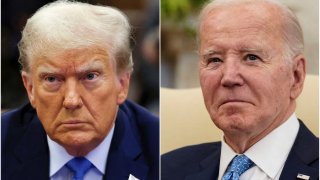 Combination picture showing former U.S. President Donald Trump attending the Trump Organization civil fraud trial, in New York State Supreme Court in the Manhattan borough of New York City, U.S., November 6, 2023 and U.S. President Joe Biden participating in a meeting with Italy’s Prime Minister Giorgia Meloni in the Oval Office at the White House in Washington, U.S., March 1, 2024.