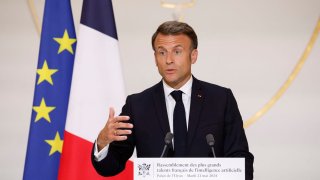 French President Emmanuel Macron speaks during a meeting with members of the AI sector at the Elysee Presidential Palace in Paris, France, on May 21, 2024.