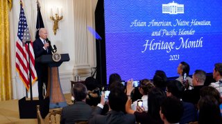 President Joe Biden speaks before a screening of the series “American Born Chinese” in the East Room of the White House in Washington, in celebration of Asian American, Native Hawaiian, and Pacific Islander Heritage Month, May 8, 2023.