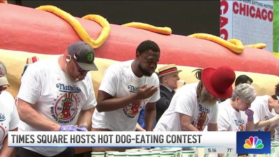 Times Square hosts hot dog-eating contest as qualifier for Nathan's July 4th event