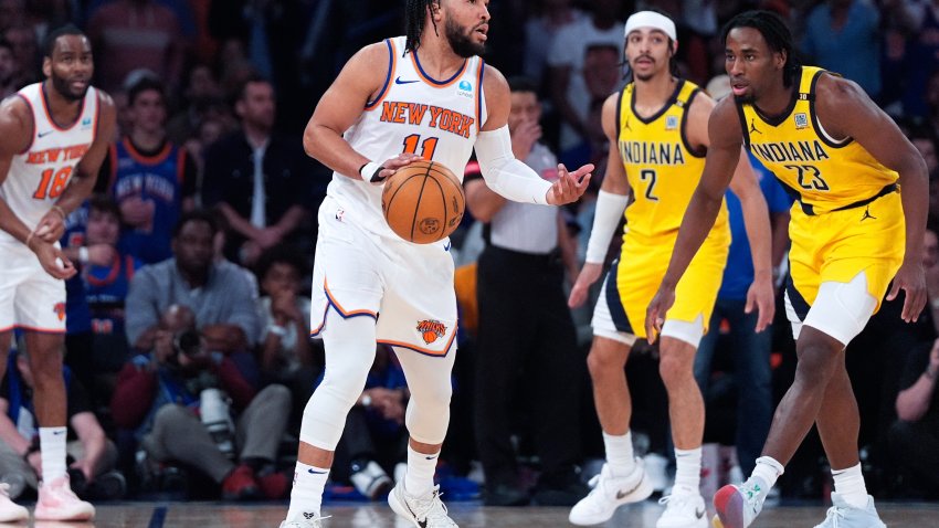 New York Knicks guard Jalen Brunson (11) dribbles during the first half of Game 7 in an NBA basketball second-round playoff series against the Indiana Pacers, Sunday, May 19, 2024, in New York. The Pacers won 130-109. (AP Photo/Julia Nikhinson)