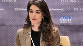 FILE – Attorney Amal Clooney listens during a panel discussion on media freedom, Sept. 25, 2019, at the United Nations headquarters.