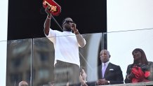 NEW YORK, NY - SEPTEMBER 15: Sean "Diddy" Combs and Mayor Eric Adams are seen on September 15, 2023 as Mayor Eric Adams presents Sean "Diddy" Combs with the Keys to the City in New York City.  (Photo by NDZ/Star Max/GC Images)