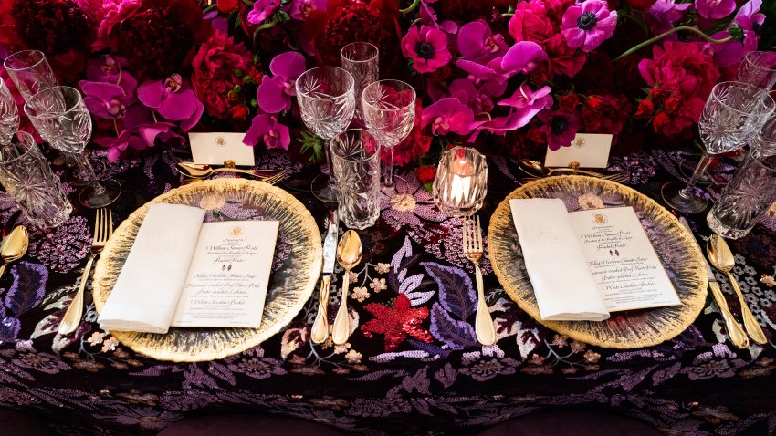 WASHINGTON, DC  May 22, 2024:
Place settings during the media preview of the Kenya State Dinner in the Cross Hall of the White House on Wednesday May 22, 2024. The menu includes: Chilled Heirloom Tomato Soup, Sourdough Crisps, Arbequina Olive Oil, Fruitwood-smoked Beef Short Ribs Butter-poached Lobster Citrus Butter, Baby Kale, Sweet Corn Purée and White Chocolate Basket Banana Ganache Raspberries, Peaches, Candied Lime Zest.
(Photo by Demetrius Freeman/The Washington Post via Getty Images)