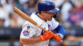 NEW YORK, NEW YORK – MAY 29: Pete Alonso #20 of the New York Mets reacts after being hit by a pitch against the Los Angeles Dodgers during the first inning at Citi Field on May 29, 2024 in the Queens borough of New York City. (Photo by Luke Hales/Getty Images)