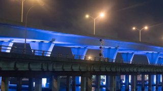 Bridge over the Biscayne bay illuminated with blue