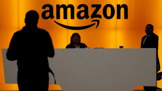 The front desk of the Amazon office is pictured in New York, May 1, 2019.